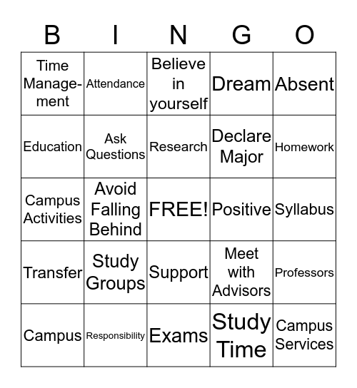 College Success Bingo Card