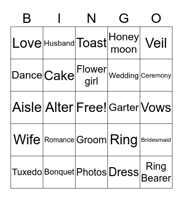 Bridal Bingo Card