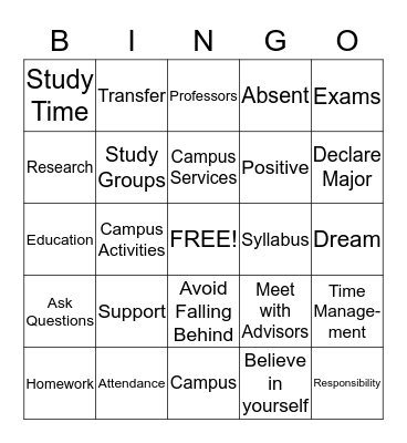 College Success Bingo Card
