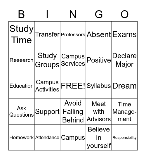 College Success Bingo Card