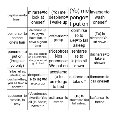 Bingo: Reflexive Verbs & Pronouns Bingo Card