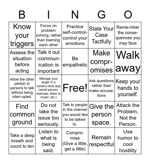 Conflict Resolution Bingo Card