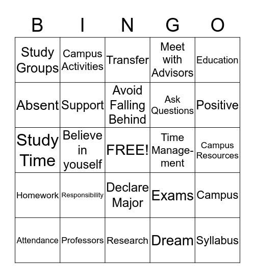 College Success Bingo Card