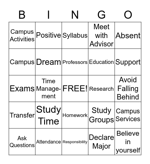 College Success Bingo Card