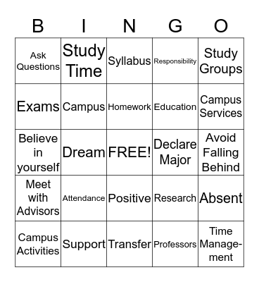 College Success Bingo Card