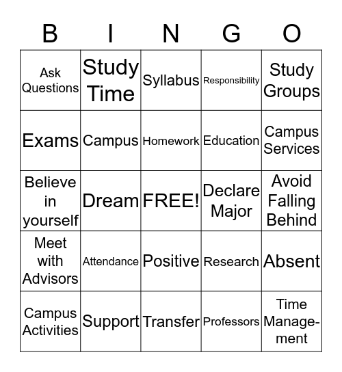 College Success Bingo Card