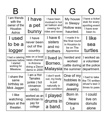 Milestone Bingo Card