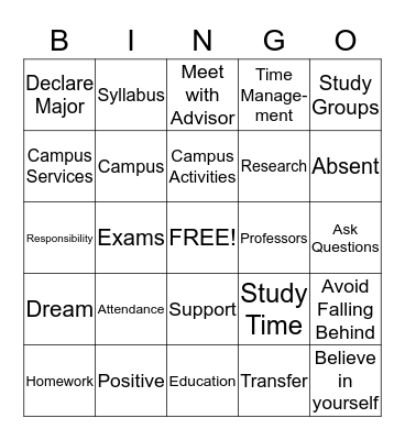 College Success Bingo Card