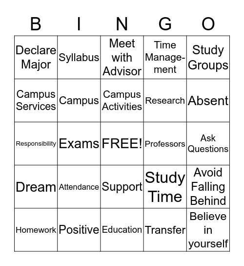 College Success Bingo Card