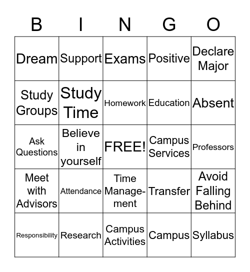 College Success Bingo Card