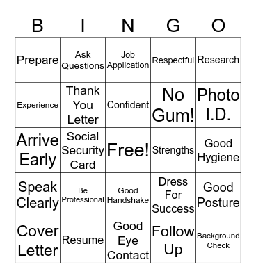 Job Interview Bingo Card