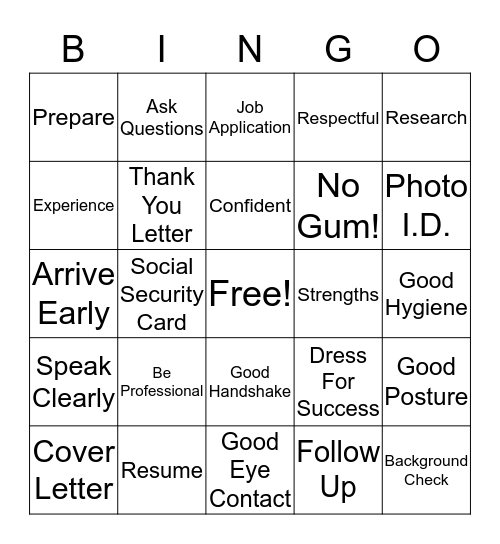 Job Interview Bingo Card