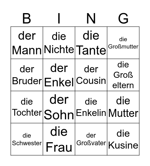 Familie Bingo Card