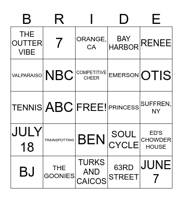 Ginger Zee Bridal Bingo Card