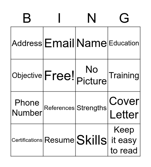 Resume Bingo Card