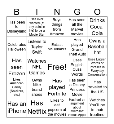 How "Americanized" Are You? Bingo Card