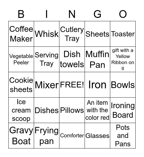 Bridal Gift Bingo Card