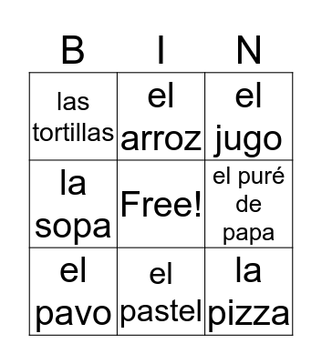La comida  Bingo Card