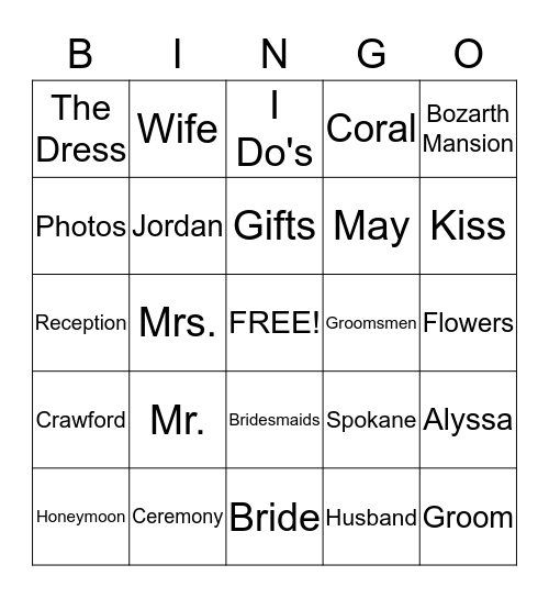 Alyssa's Bridal Shower Bingo Card