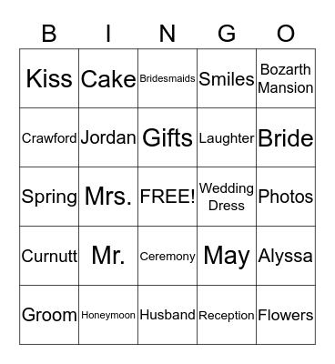 Alyssa's Bridal Shower Bingo Card