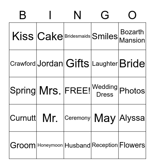 Alyssa's Bridal Shower Bingo Card