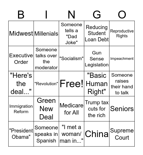 Democratic Debate Bingo Card