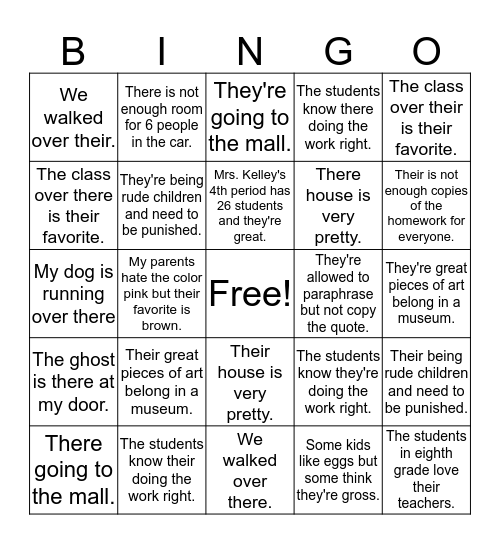 Their, There and They're Bingo Card