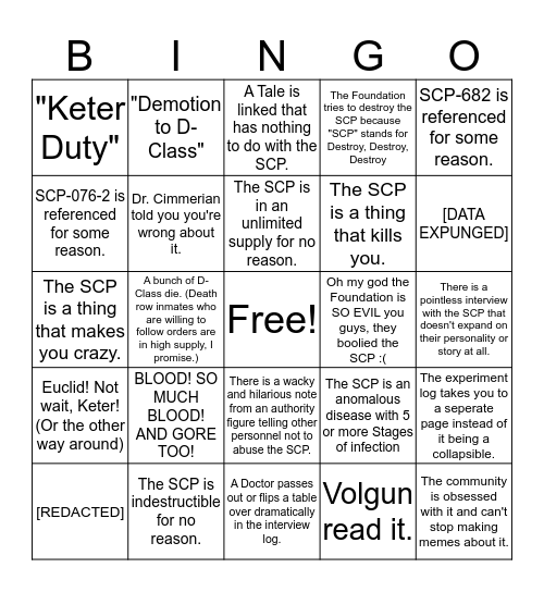 Series I Bingo Card