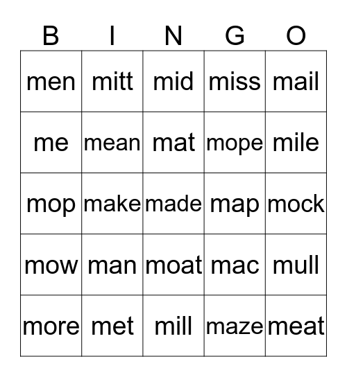 m word bingo Card