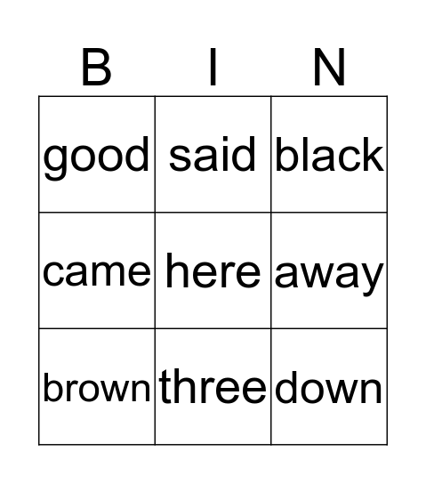 Sight Word Bingo Card