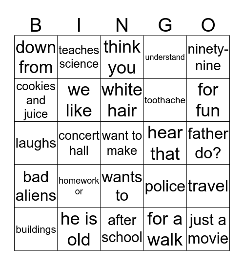 Tommy's neighborhood Bingo Card