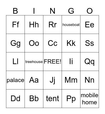 Homes and Letters Bingo Card