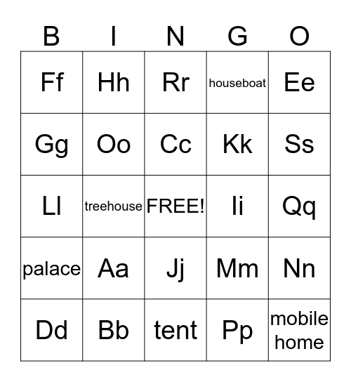 Homes and Letters Bingo Card