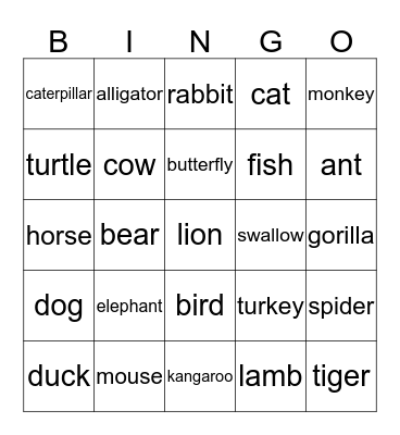 Animals Bingo Card