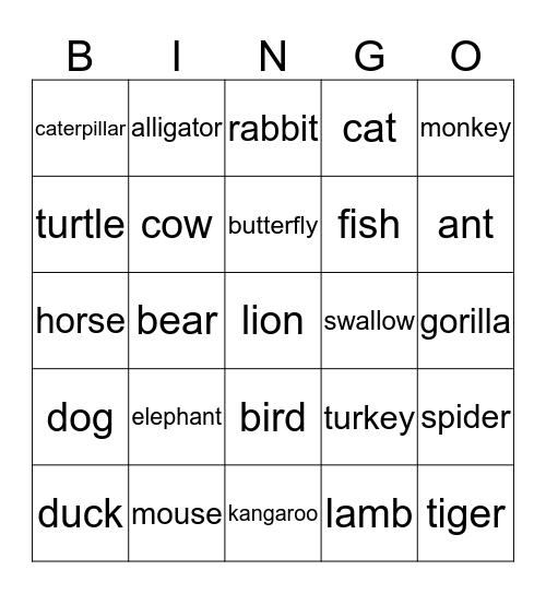 Animals Bingo Card