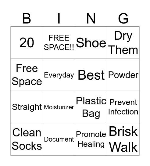 Foot Hygiene Bingo Card