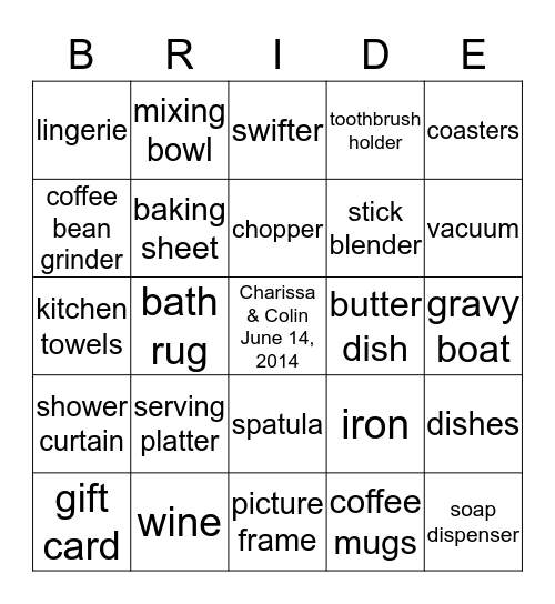 Bridal Shower Bingo Card