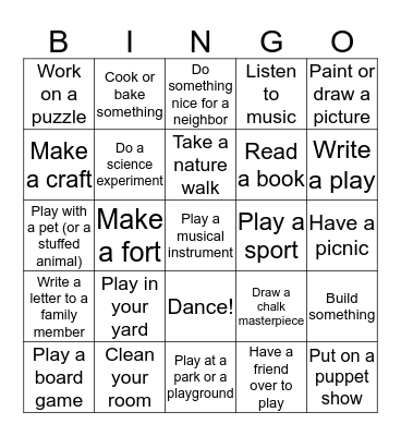 Screen Free Bingo  Bingo Card