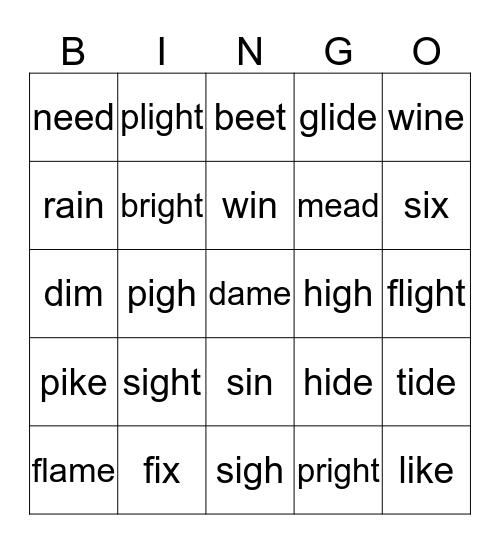 long vowel Bingo Card