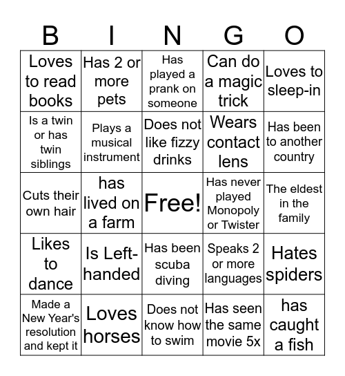 Find A Friend Bingo Card