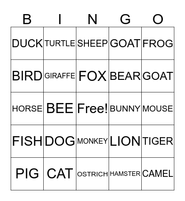 ANIMALS Bingo Card