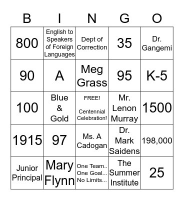 Centennial Bingo Card