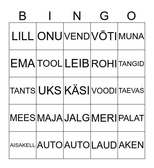 VÄRVI A TÄHEGA SÕNAD KOLLASEKS Bingo Card