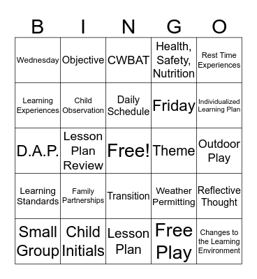 Lesson Plan BINGO Card