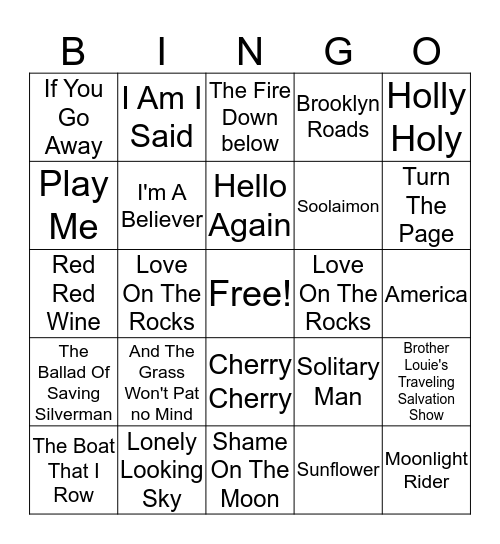 Neil Diamond & Bob Seger Bingo Card