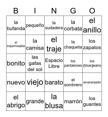 La Ropa Bingo Card
