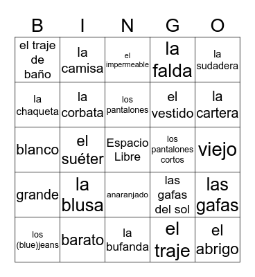 La Ropa Bingo Card