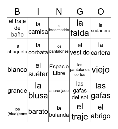 La Ropa Bingo Card