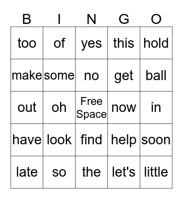 Sight Word Bingo Card