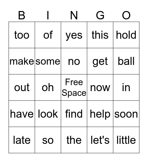 Sight Word Bingo Card